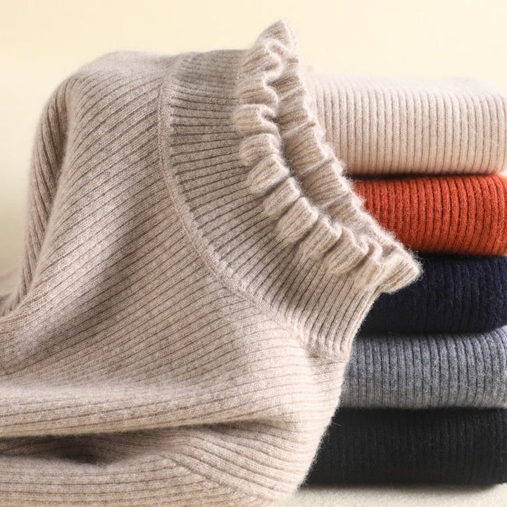 Cashmere Ribbed Knit Turtleneck Sweater with Ruffled Cuffs for Women