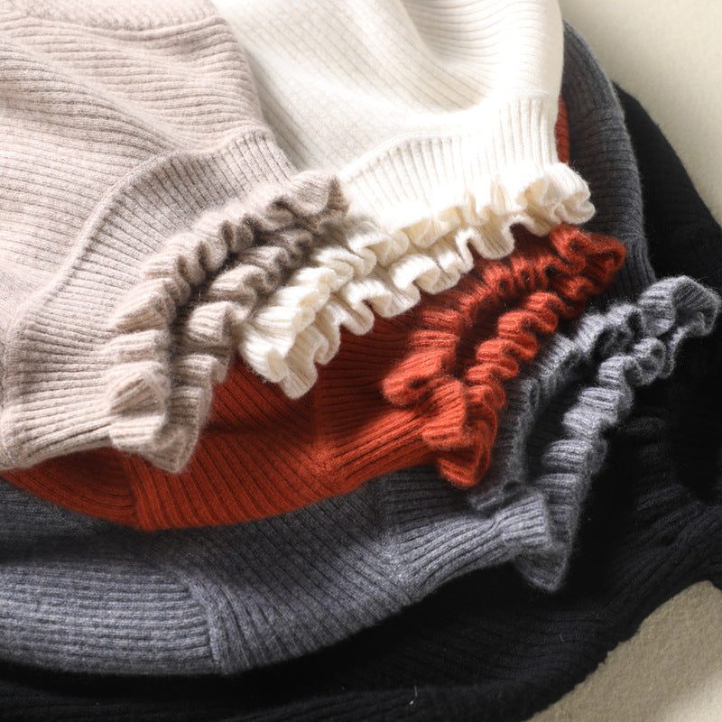 Cashmere Ribbed Knit Turtleneck Sweater with Ruffled Cuffs for Women