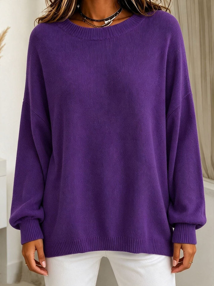 Cashmere Touch Ribbed Knit Sweater with Dropped Shoulders for Women