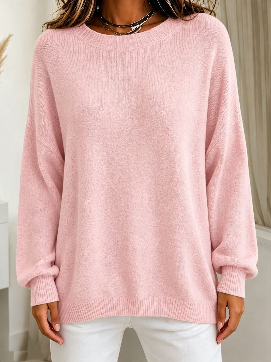 Cashmere Touch Ribbed Knit Sweater with Dropped Shoulders for Women