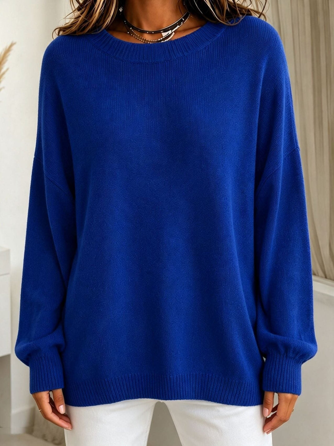 Cashmere Touch Ribbed Knit Sweater with Dropped Shoulders for Women