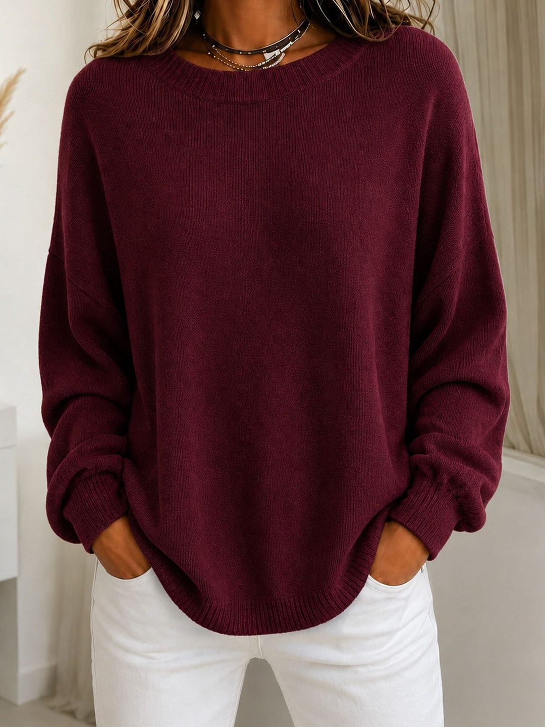 Cashmere Touch Ribbed Knit Sweater with Dropped Shoulders for Women