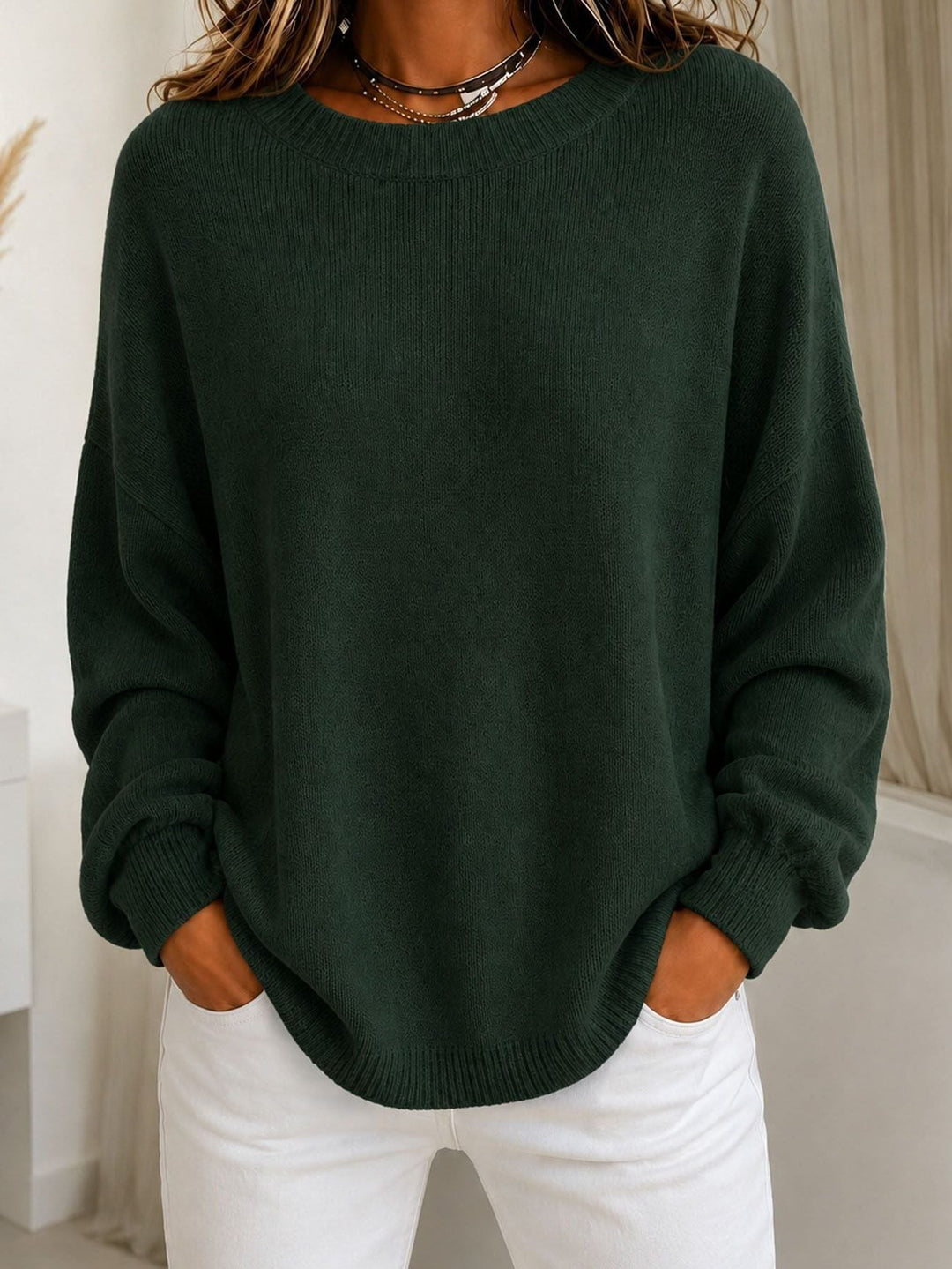 Cashmere Touch Ribbed Knit Sweater with Dropped Shoulders for Women