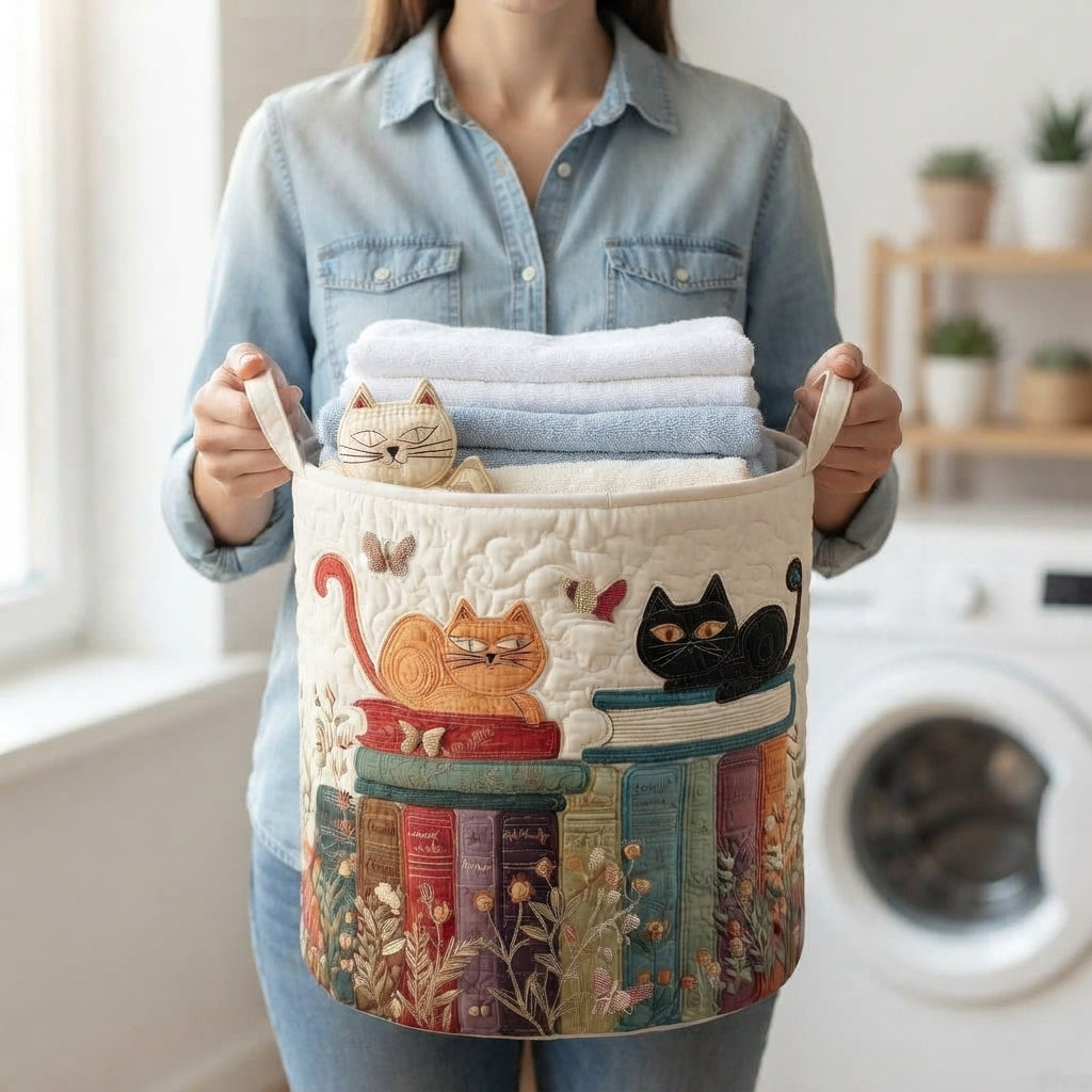 Quilted laundry basket with cat pattern, foldable fabric laundry basket with handles