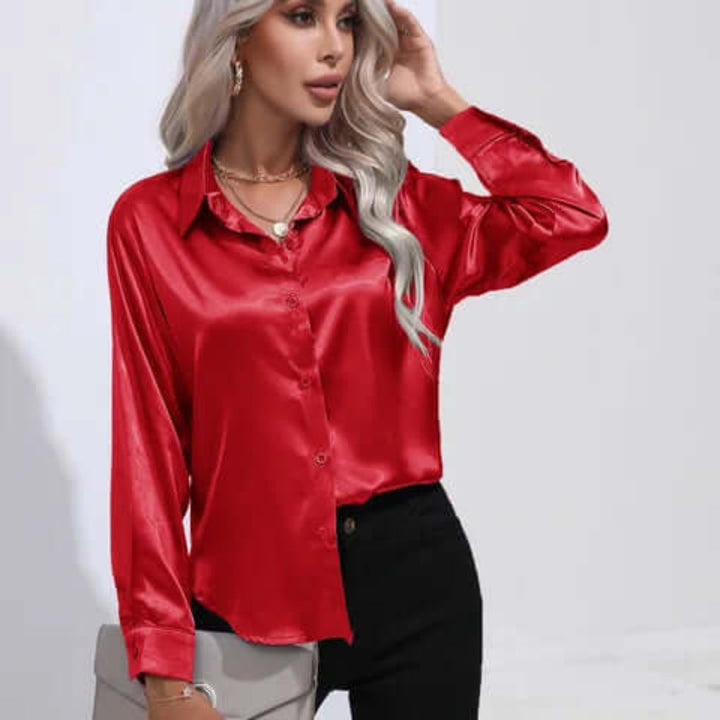Women's Satin Loose Fit Long Sleeve Blouse