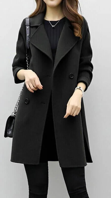 Wool Blend Double-Breasted Long Trench Coat