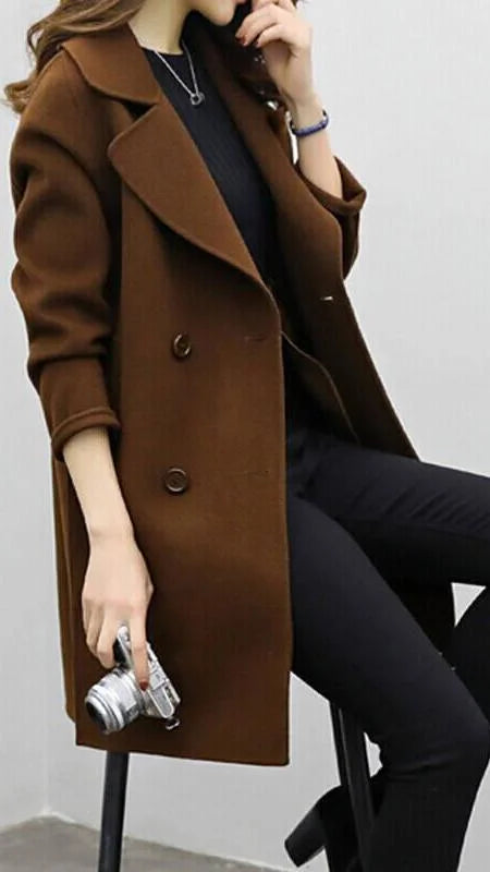 Wool Blend Double-Breasted Long Trench Coat