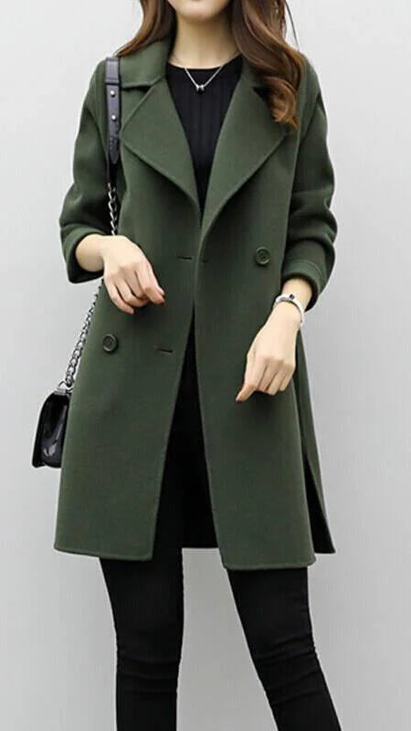 Wool Blend Double-Breasted Long Trench Coat