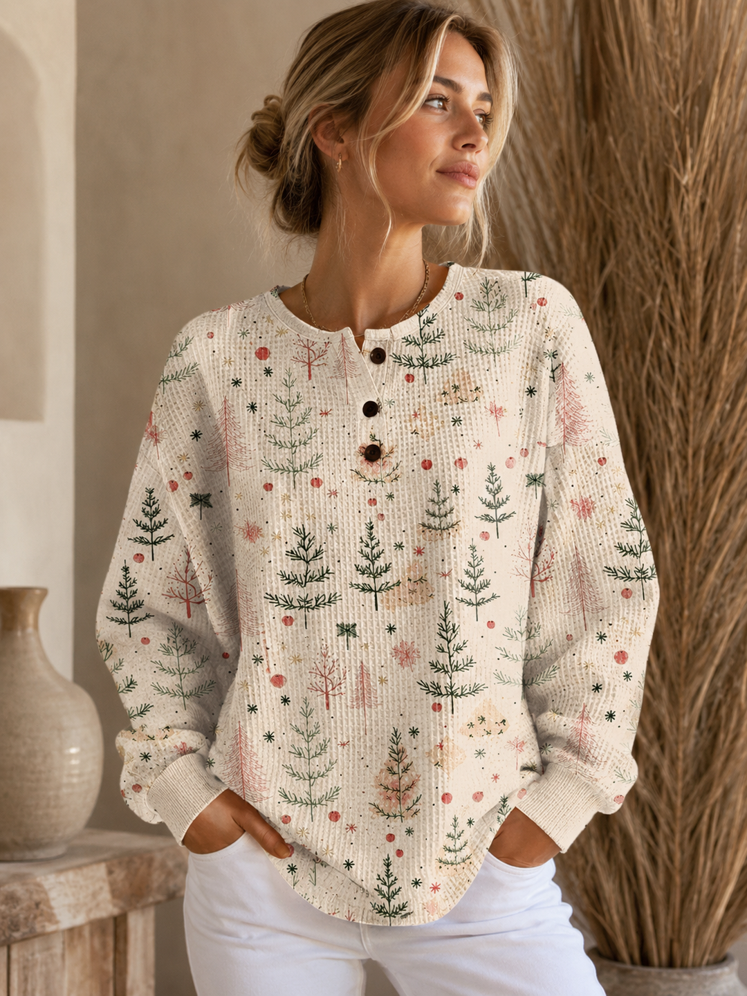Christmas Tree Print Ribbed Knit Sweater with Button-Up for Women