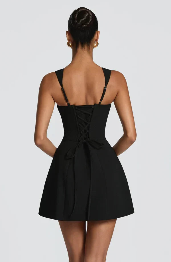 Isabeau Mini Dress – Boned Corset, Square Neckline, Flared Skirt
