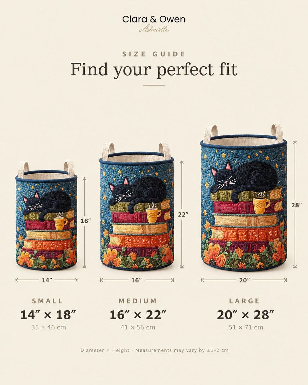 Quilted cat library laundry basket with handles, foldable laundry basket in 3 sizes
