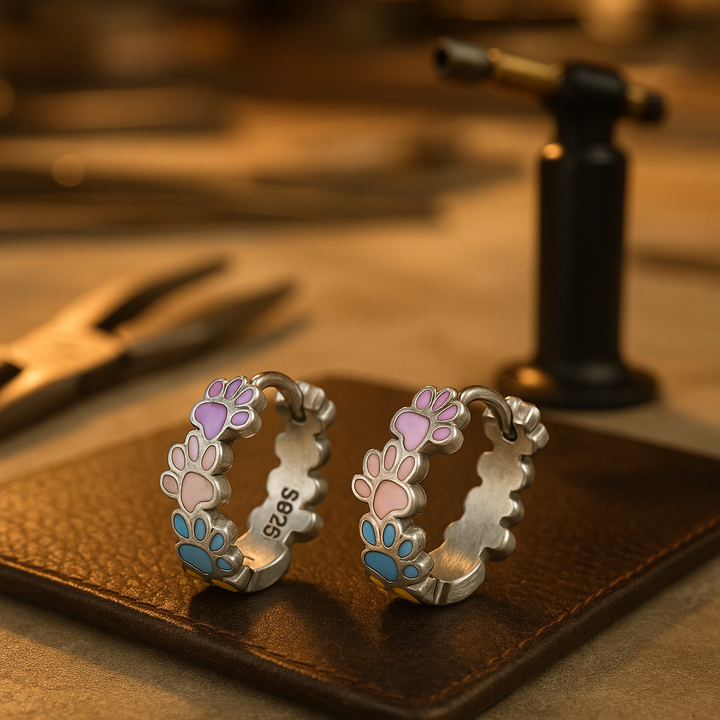 Colorful Paw Hoops Sterling Silver