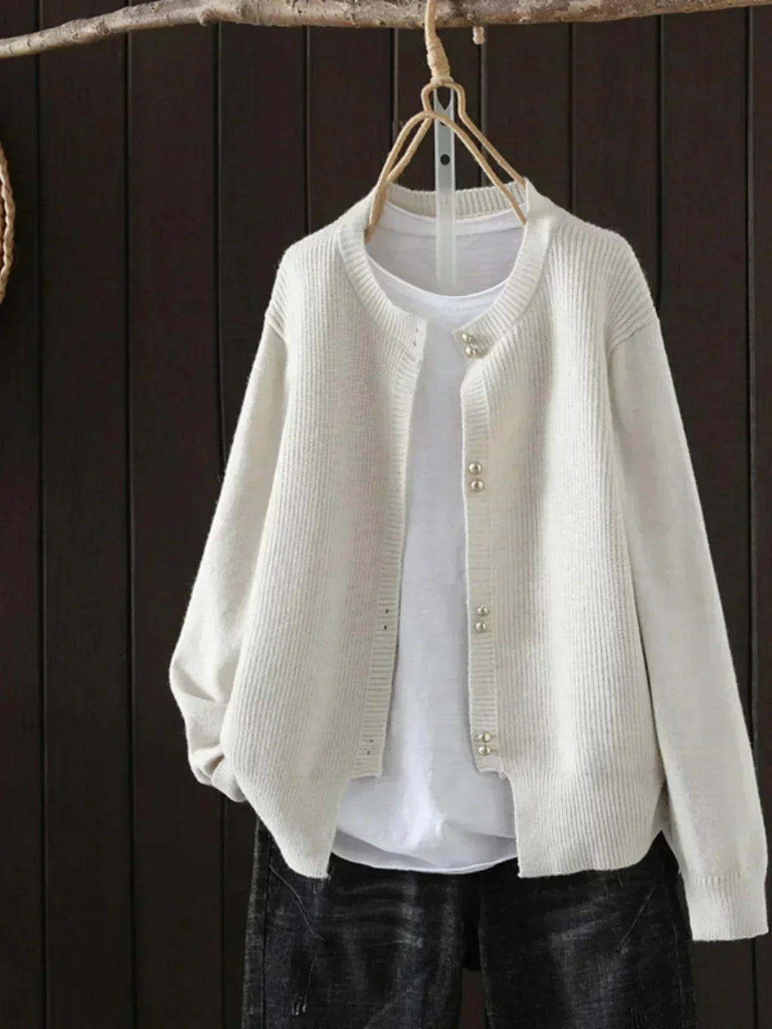 Knit Button-Front Crew Neck Cardigan with Ribbed Texture