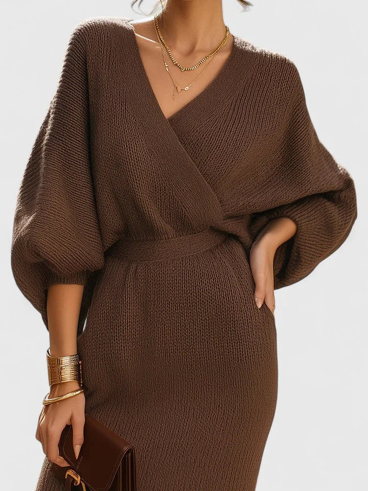 Knit Wrap Sweater Dress with Batwing Sleeves