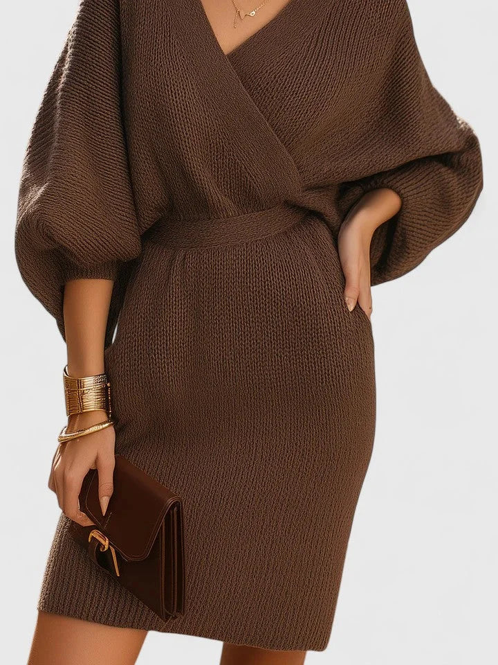 Knit Wrap Sweater Dress with Batwing Sleeves