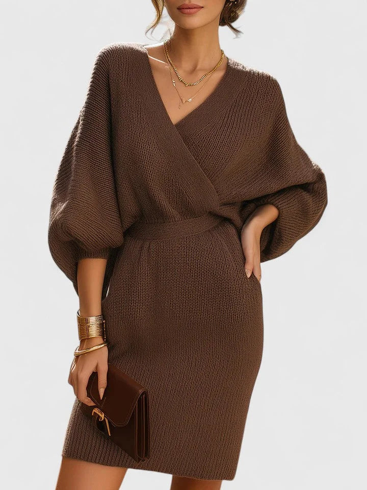 Knit Wrap Sweater Dress with Batwing Sleeves