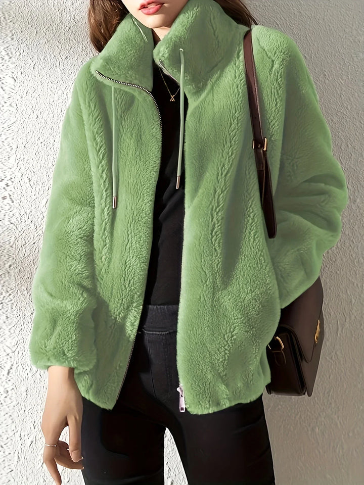 Zip-Up Stand Collar Jacket with Drawstring Waist