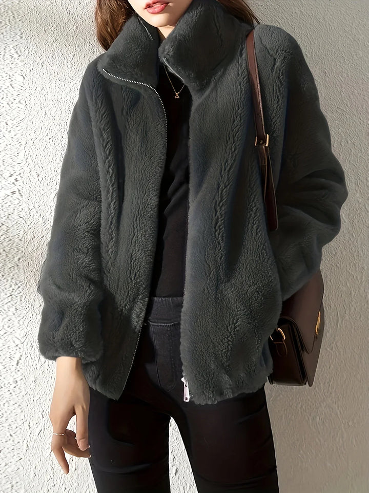 Zip-Up Stand Collar Jacket with Drawstring Waist