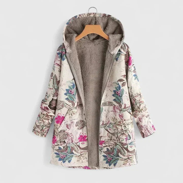 Floral Zip-Up Hood Parka with Sherpa Lining