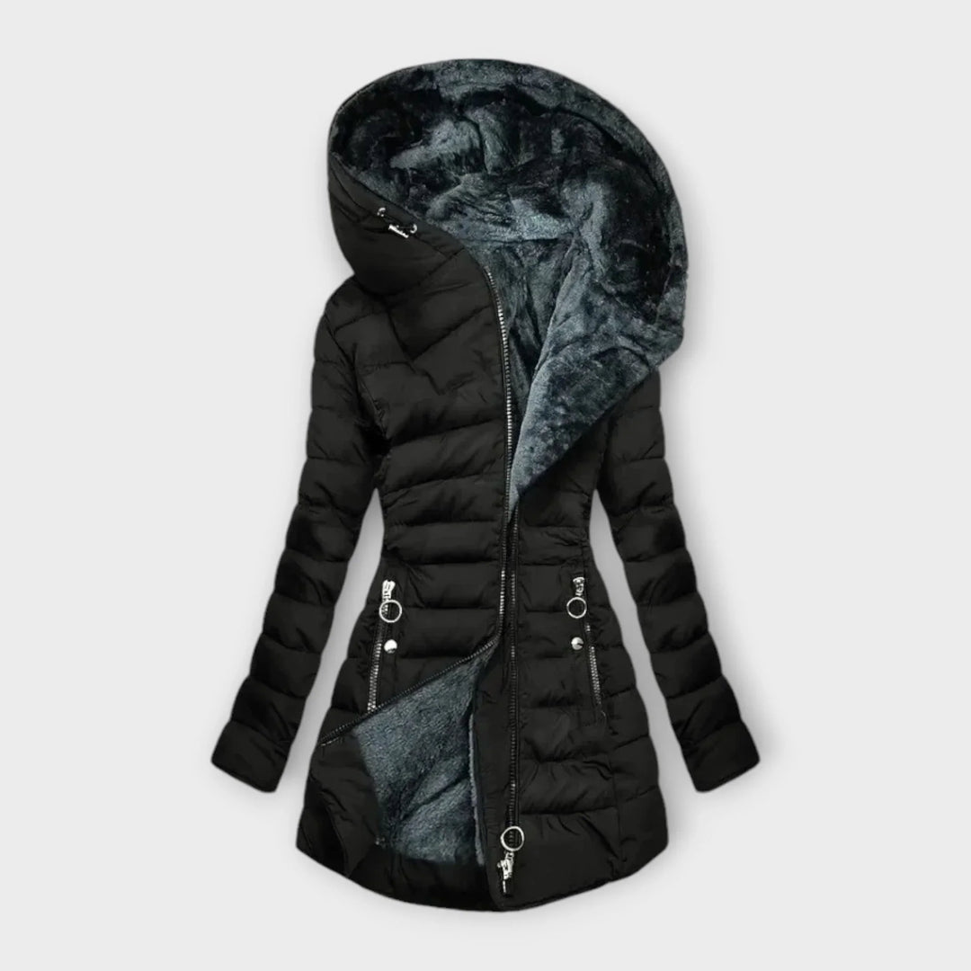 Quilted Zip-Up Puffer Coat with Faux Fur Hood