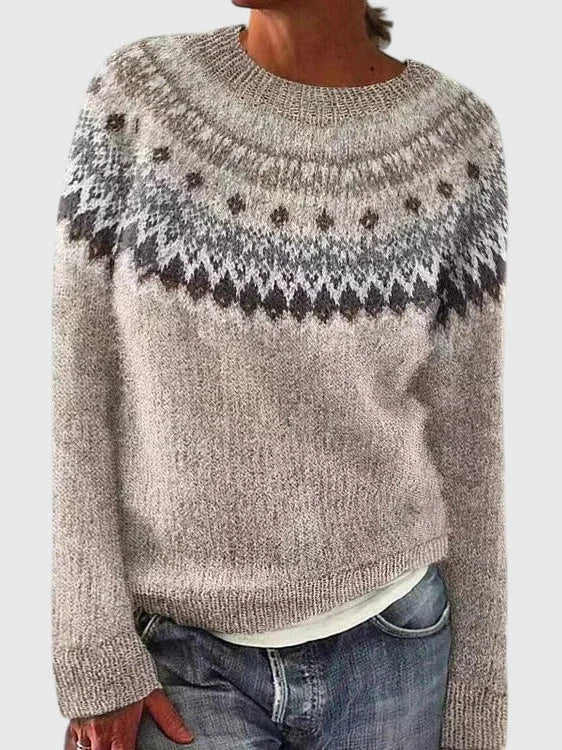 Fair Isle Knit Crew Neck Sweater with Patterned Yoke