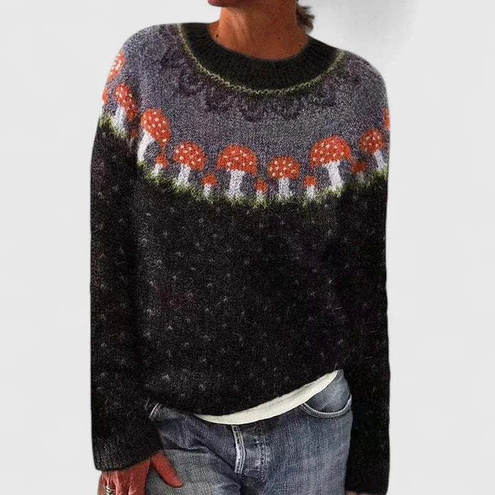 Fair Isle Knit Crew Neck Sweater with Patterned Yoke