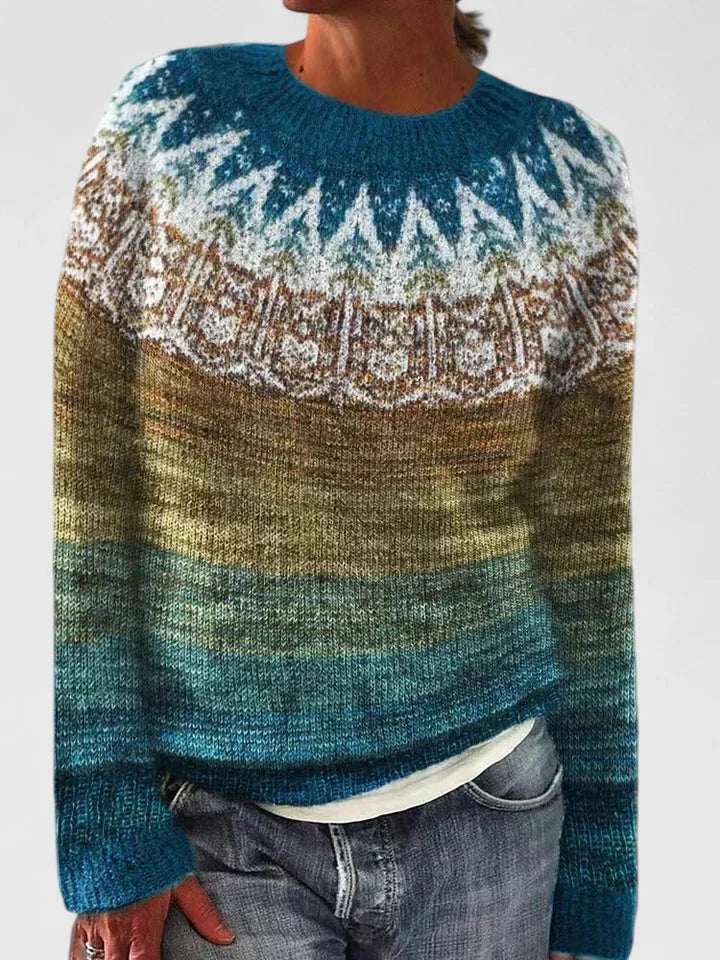 Fair Isle Knit Crew Neck Sweater with Patterned Yoke