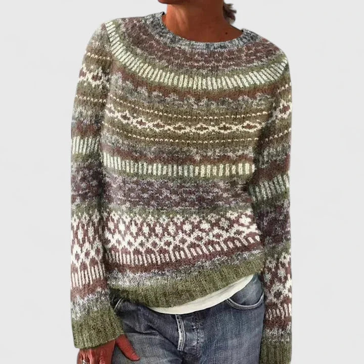 Fair Isle Knit Crew Neck Sweater with Patterned Yoke