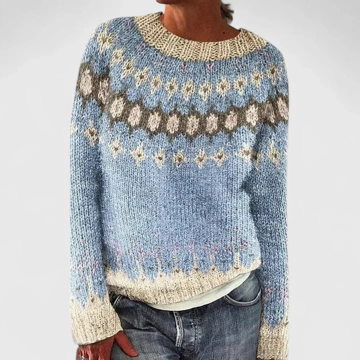 Fair Isle Knit Crew Neck Sweater with Patterned Yoke