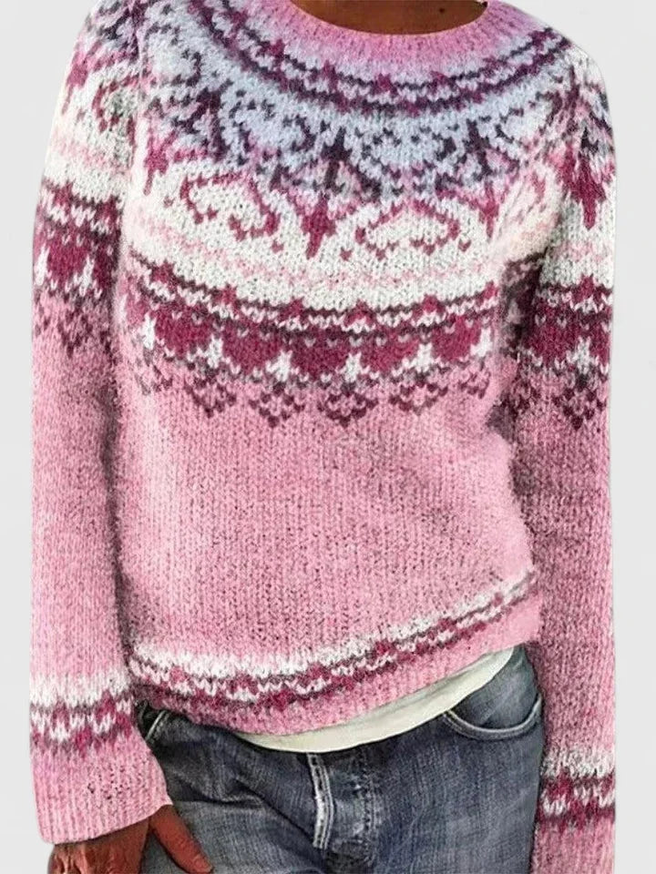 Fair Isle Knit Crew Neck Sweater with Patterned Yoke