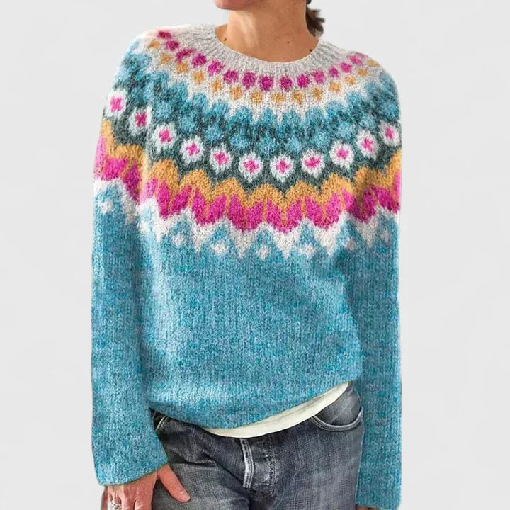 Fair Isle Knit Crew Neck Sweater with Patterned Yoke