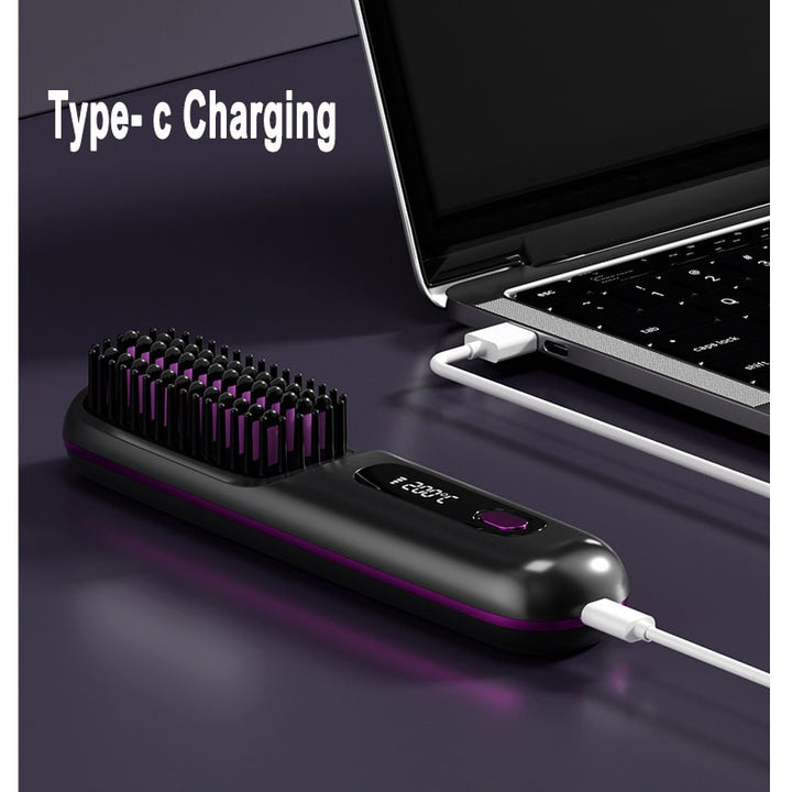 Cordless Hair Straightener Brush with Portable Wireless Design and Digital Temperature Display