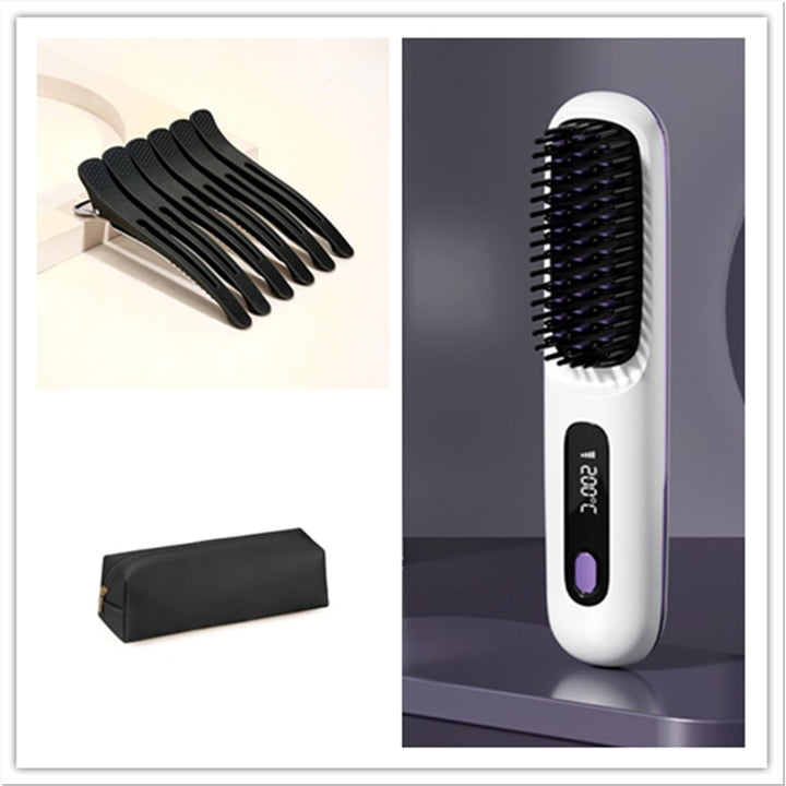 Cordless Hair Straightener Brush with Portable Wireless Design and Digital Temperature Display