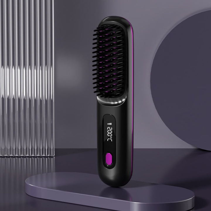 Cordless Hair Straightener Brush with Portable Wireless Design and Digital Temperature Display