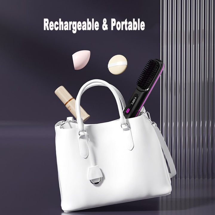 Cordless Hair Straightener Brush with Portable Wireless Design and Digital Temperature Display