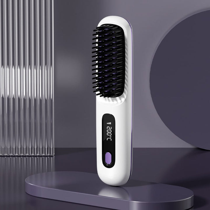 Cordless Hair Straightener Brush with Portable Wireless Design and Digital Temperature Display
