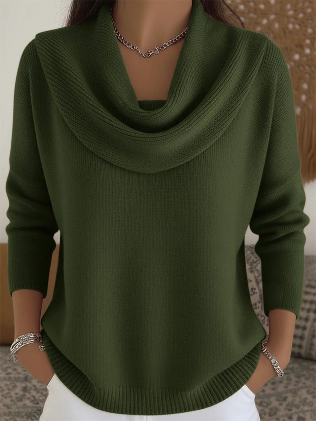 Merino Wool Sweater with Cowl Neck and Long Sleeves for Women