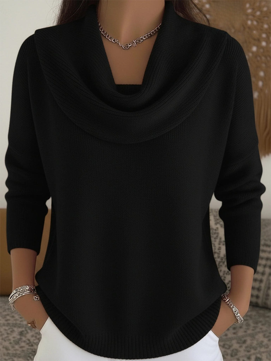 Merino Wool Sweater with Cowl Neck and Long Sleeves for Women