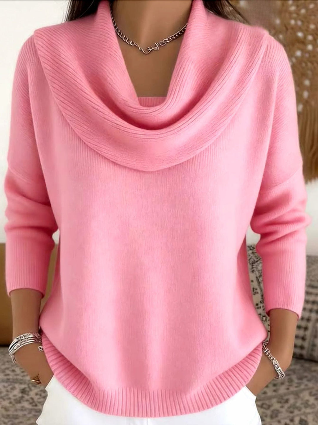 Merino Wool Sweater with Cowl Neck and Long Sleeves for Women