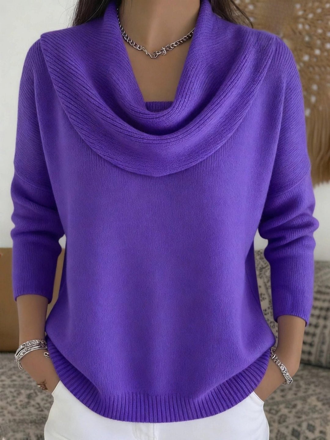 Merino Wool Sweater with Cowl Neck and Long Sleeves for Women