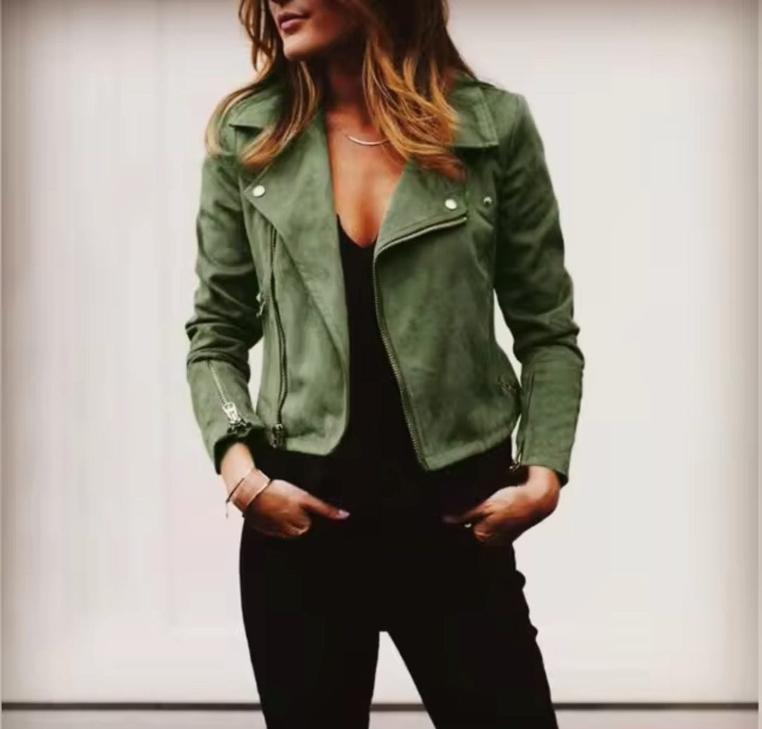 Suede Cropped Jacket with Lapel Collar for Women