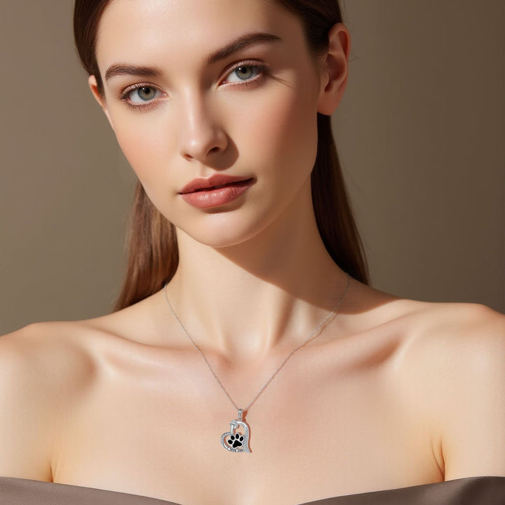 Heart-Shaped Dog Paw Print Necklace with Cubic Zirconia