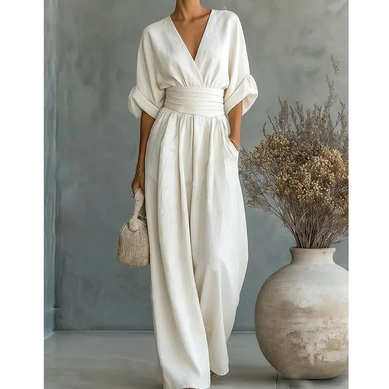 Elegant Women's Jumpsuit with Wide Leg, V-Neck and Flowing Cut