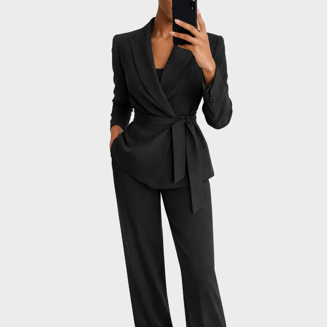 Women's Blazer and Pants Set with Wrap Front and Tie Belt