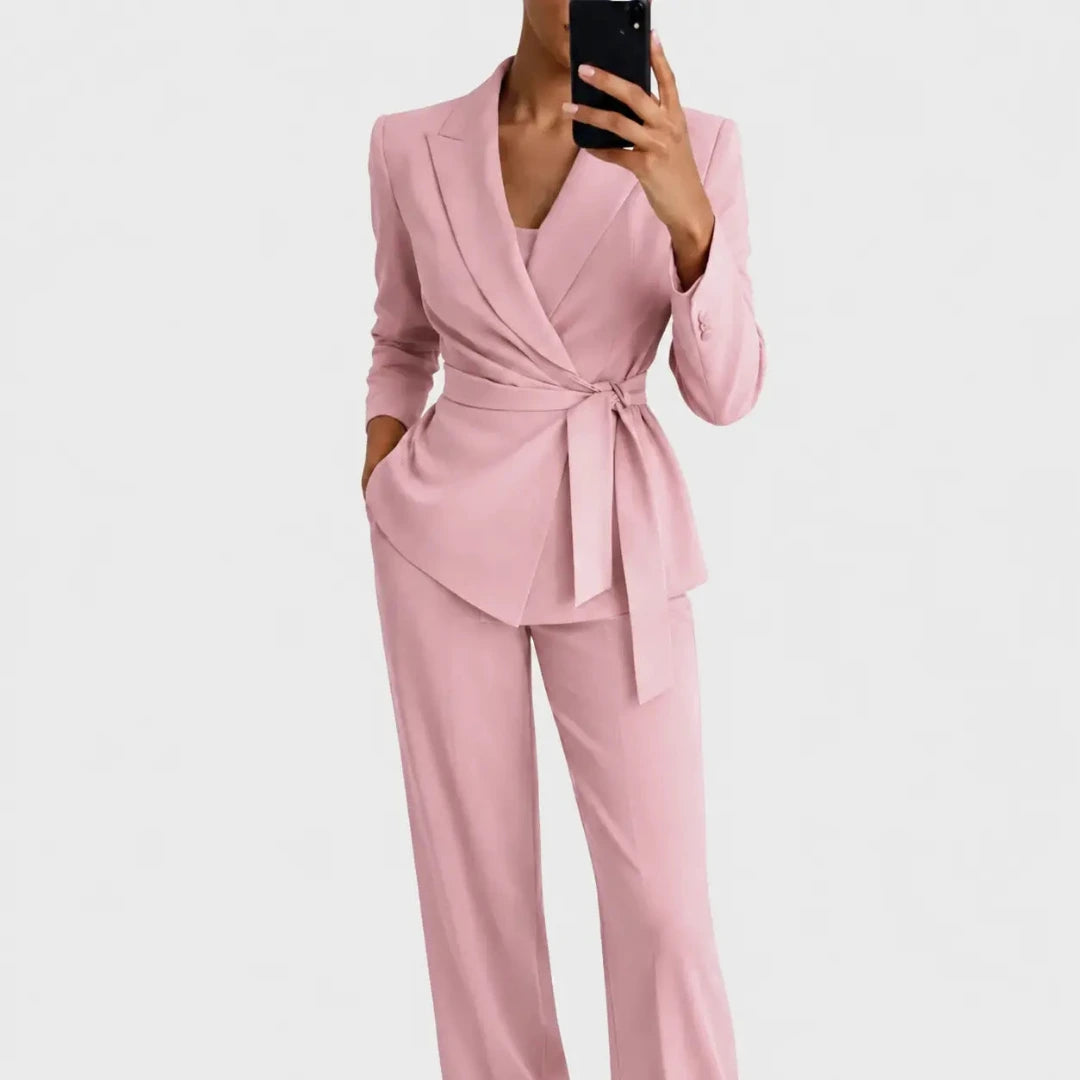 Women's Blazer and Pants Set with Wrap Front and Tie Belt