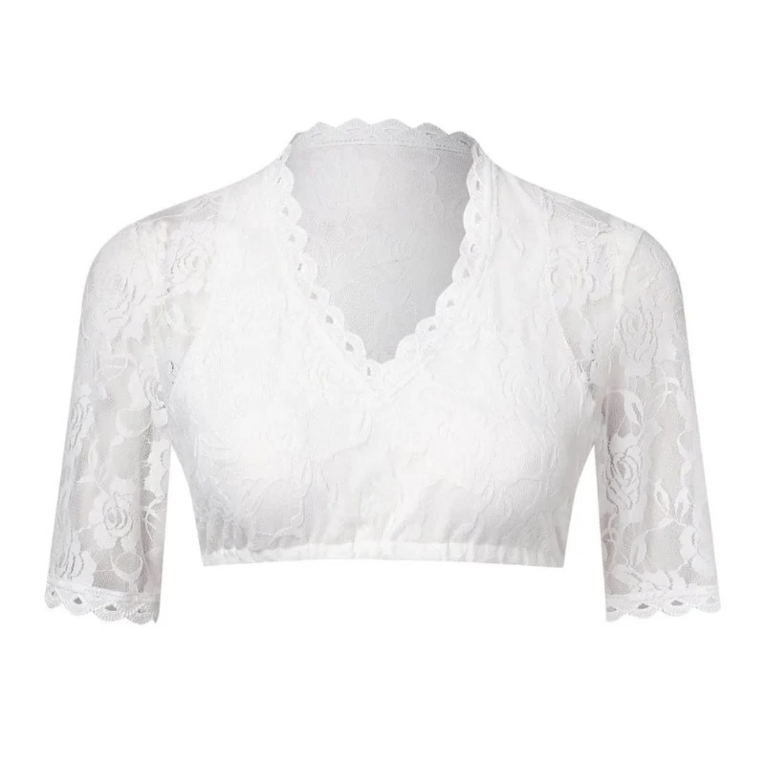 Women's Dirndl Crop Top with Floral Lace and Deep V-Neck
