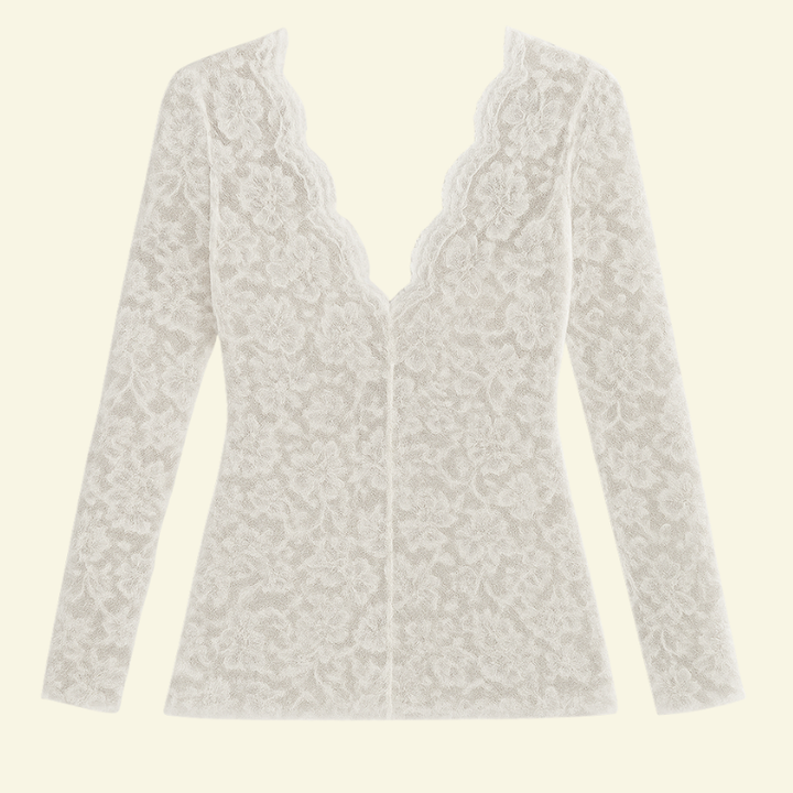Women's long-sleeved lace blouse with V-neck and wavy trim