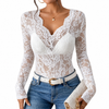 Women's long-sleeved lace blouse with V-neck and wavy trim