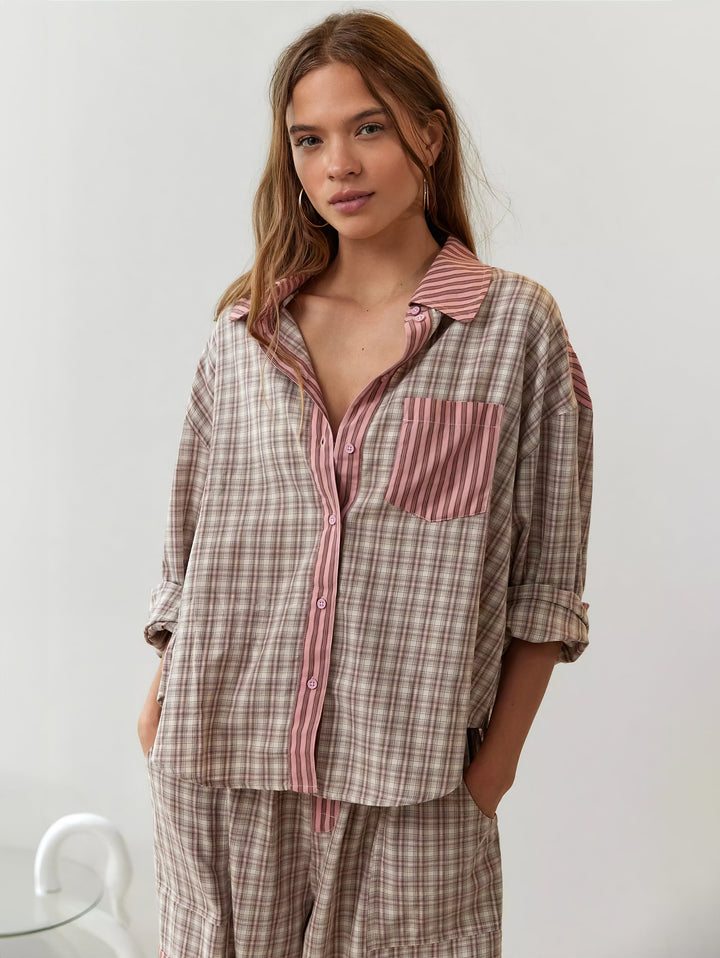 Women's pyjama set with button-up shirt and pants with elasticated waist