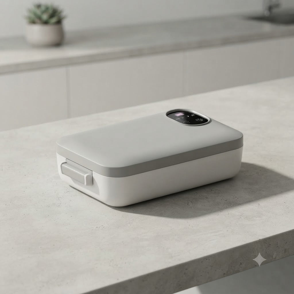 Cordless, self-heating electric lunch box with stainless steel insert.